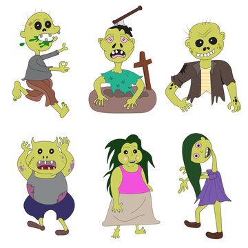 A set of illustrations of zombies in cute and scary poses.