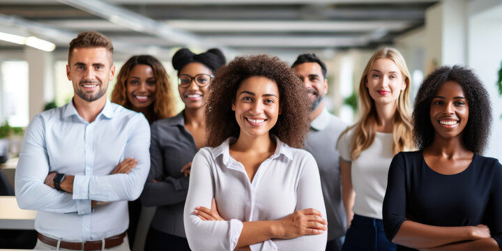Millennial diverse business colleagues headed with black boss, posing to camera in office, panorama