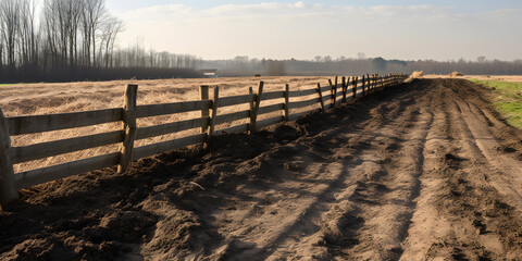 freshly plowed field with a wooden fence in the backgroun one generative AI