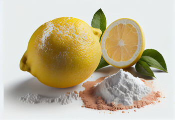 Fresh lemon fruit with sodium bicarbonate powder isolated on a white backdrop. Generative AI