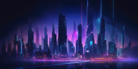 futuristic cityscape with tall buildings and glowing neon one generative AI - obrazy, fototapety, plakaty