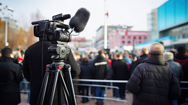 Press and media photographer on duty in public news coverage event for reporter and mass communication