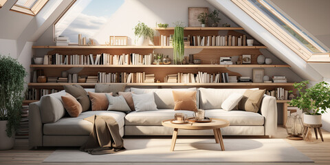 Corner sofa against shelving unit, scandinavian home interior design of modern living room in attic in farmhouse.  - obrazy, fototapety, plakaty