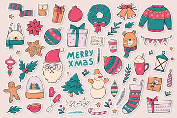 Christmas set of stickers, doodles with white edge for posters, cards, scrapbooking, banners, tags, labels, etc. EPS 10