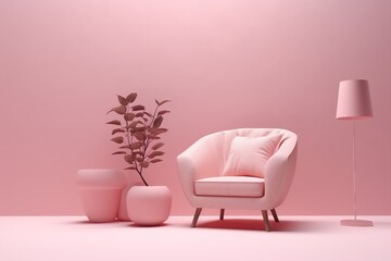 Interior room in plain monochrome light pink color with single chair, floor lamp and decorative vase and plant. Light background with copy space. generative ai.