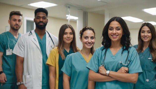 Nursing student standing with her team in hospital, dressed in scrubs, Doctor intern