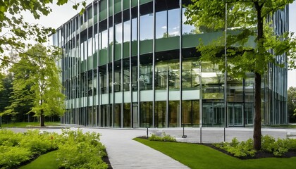 Trees and green environment in eco-friendly glass office: Sustainable building