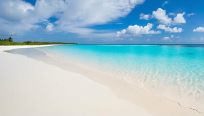 Fototapeta premium Sandy beach on sunny day with white sand and rolling calm wave of turquoise ocean, white clouds in blue sky background