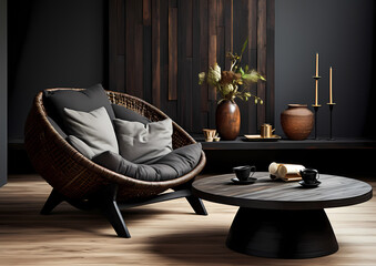 modern living room , black sofa, tea table, plant