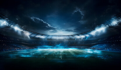 a dimly lit stadium with a soccer field and a sky background Generative AI