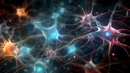 abstract 3D illustration showcases the colorful biochemical process of nerve impulses