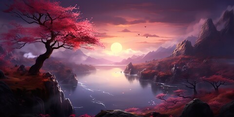 AI Generated. AI Generative. Chill relax inner peace calm nature outdoor landscape background. Mountains river lake tree moon landmark view. Graphic Art