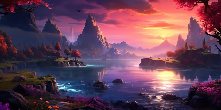 AI Generated. AI Generative. Chill relax inner peace calm nature outdoor landscape background. Mountains river lake tree moon landmark view. Can be used for meditation inspiration playlist