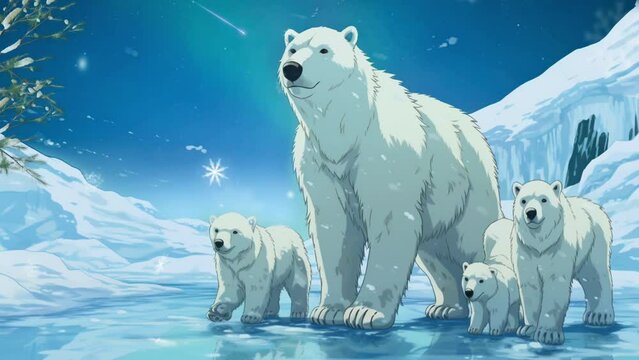 polar bear family walking together in the ice background in anime illustration style, 4K animation
