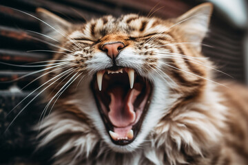 A close up maine coon cat yawning