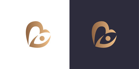 Letter m logo monogram, heart, happy person, eyes, minimal style identity initial logo mark. Golden gradient vector emblem logotype for business cards initials.