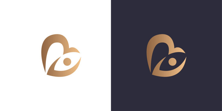 Letter m logo monogram, heart, happy person, eyes, minimal style identity initial logo mark. Golden gradient vector emblem logotype for business cards initials.