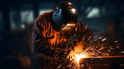 Male welder wearing protective mask welding metal on industrial construction site.