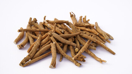 Ashwagandha Dry Root Medicinal Herb with Fresh Leaves, Poison Gooseberry, or Winter Cherry