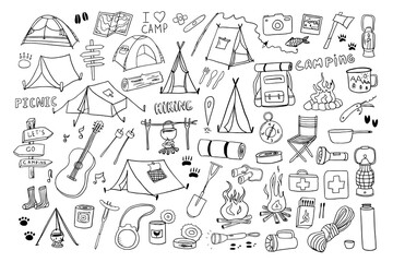 Big set of camping and hiking elements in doodle style. Picnic, travel accessories and equipment. Travel design. Adventure.  Hand drawn vector illustration Great for prints, poster, cute stationery