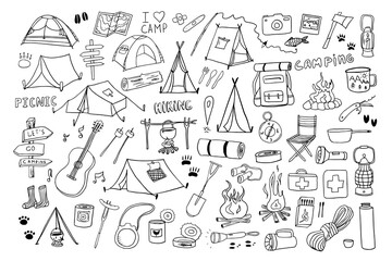 Big set of camping and hiking elements in doodle style. Picnic, travel accessories and equipment. Travel design. Adventure.  Hand drawn vector illustration Great for prints, poster, cute stationery © Natalia
