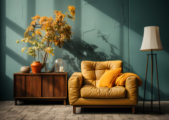 living room interior, yellow sofa