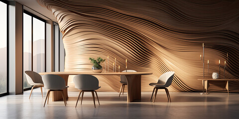 Minimalist interior design of modern dining room with abstract wood paneling arched wall. - Powered by Adobe