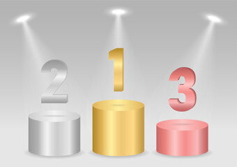 Stage Podium or Award Winners Podium with Ranking for First, Second and Third Place Illuminated with Spotlights. Pedestal Podiums for Winner Award or Sport. Vector Illustration.