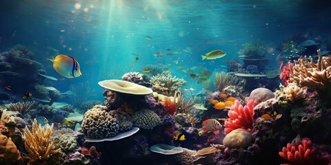 AI Generated. AI Generative. Marine nautical undersea water ocean seascape wild nature world. Diving adventure explore view. Graphic Art
