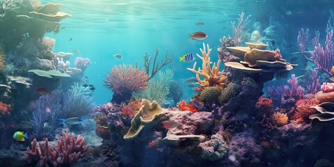 Naklejka na ściany i meble AI Generated. AI Generative. Marine nautical undersea water ocean seascape wild nature world. Diving adventure explore view. Graphic Art