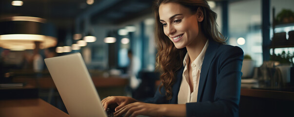 Professional female employee or a businesswoman using a laptop in a public place. Copy space