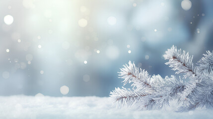 A beautiful winter background featuring frosted spruce branches, small drifts of pristine snow, bokeh Christmas lights, and ample space for text.