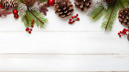 A Christmas composition in the form of a frame, featuring elements such as Christmas gifts, fir branches, cones, red berries, cinnamon sticks, snowflakes, and Christmas tree ornaments on a white woode