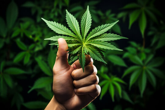 a senior doctor holds up a medicinal cannabis plant. AI generativ.