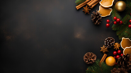 A Christmas-themed dark background border featuring rich golden-brown tones. The border is adorned with fir branches, cones, gingerbread cookies, serpentine, and red berries on a textured backdrop, pr - obrazy, fototapety, plakaty