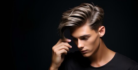 A young attractive man smooths his hair with his hand, admiring his perfect and neat hairstyle or hair styling.