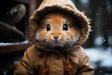 A brown bunny in a brown coat in the night. Snowfall and winter background. Copy space
