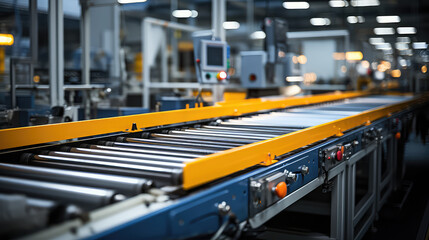 Inside factory conveyor belt production line, nobody, empty indoor product conveyor line. - obrazy, fototapety, plakaty