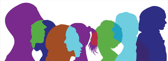Group diversity silhouette multiethnic people from the side. Community of colleagues or collaborators. Concept of bargain agreement or pact. Collaborate. Co-workers. Harmony. Organization