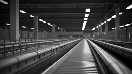 Obraz premium Inside factory conveyor belt production line, nobody, empty indoor product conveyor line.