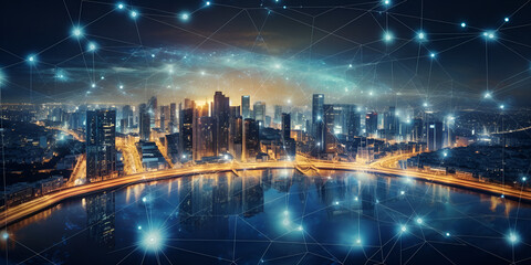 Fototapeta na wymiar Global Network Connection Over Futuristic Smart City Panaromic Cityscape, Generative AI