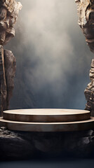 Stone rock podium altar for product placement. Natural rock pedestal promotional display. 9:16 Aspect Ratio.	