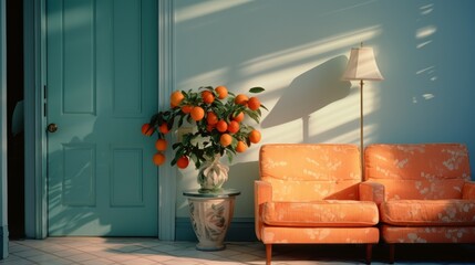 interior of the 1980s in a modern style in orange and turquoise tones with flower