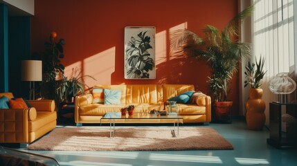 interior of the 1980s in a modern style in orange and turquoise tones