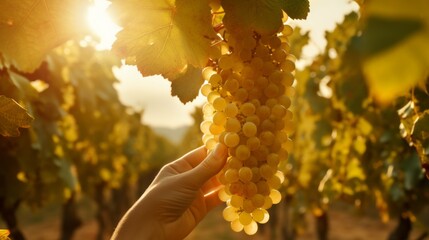 a hand holding a bunch of white grapes at sunset