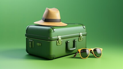 green suitcase with sunglasses and hat on a green background