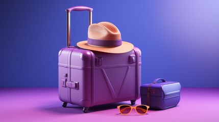 purple suitcase with sunglasses and hat on a purple background