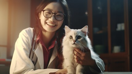 Asian girl veterinarian with a white cat at the table