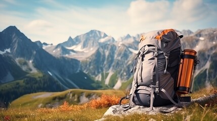 Backpack trekking poles and sleeping mat in mountains