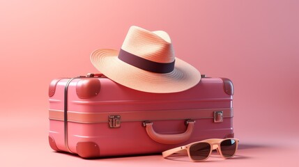 pink suitcase with sunglasses and hat on a pink background